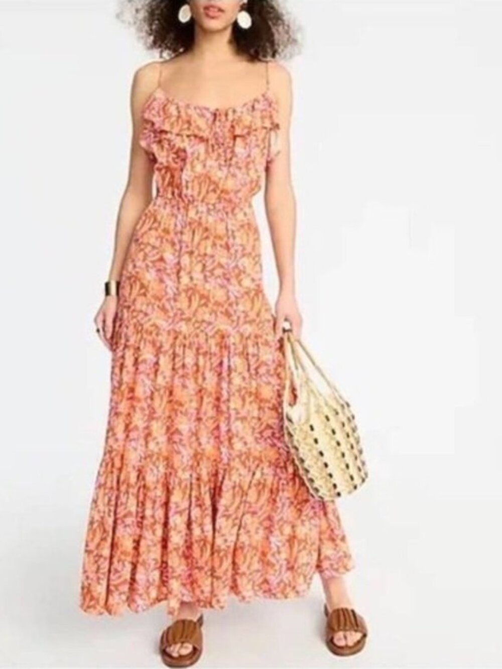 J. Crew • Floral Orange Pink Ruffle Tiered Maxi Dress in Painted Block Print • M - Picture 2 of 15